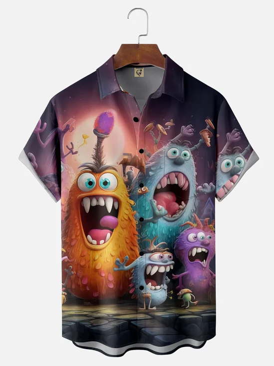 Moisture Wicking Fun Monster Bug Chest Pocket Hawaiian Shirt