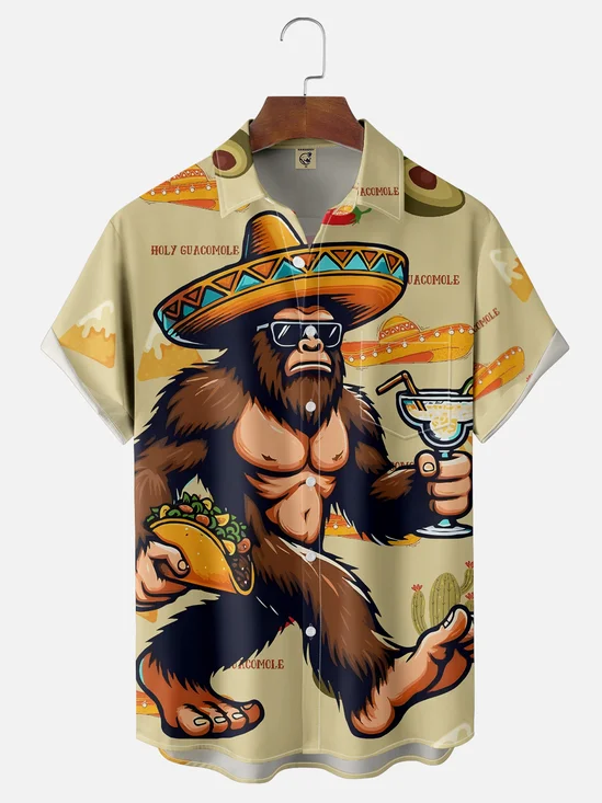 Moisture Wicking Cinco De Mayo Taco Guitar Hat Bigfoot Chest Pocket Hawaiian Shirt