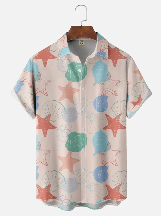 Moisture-wicking Marine Life Shell Starfish Conch Chest Pocket Hawaiian Shirt