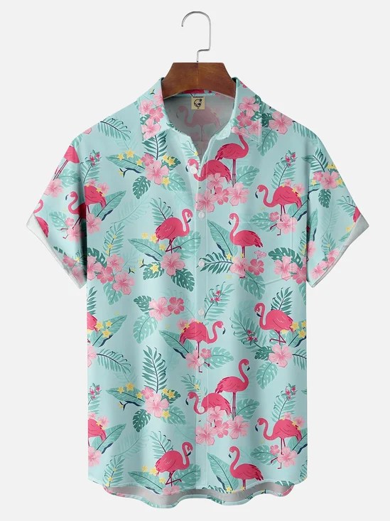 Moisture-wicking Fantasy Flamingo Floral Colorful Art Chest Pocket Hawaiian Shirt