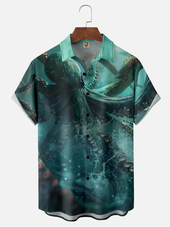 Moisture-wicking Octopus Art Cthulhu Blue Chest Pocket Hawaiian Shirt