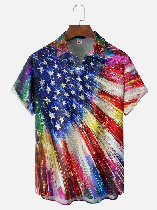 Moisture-wicking Happy Independence Day American Flag Art Abstract Chest Pocket Casual Shirt