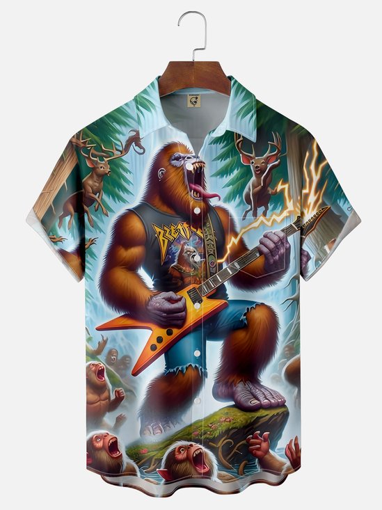 Moisture Wicking Music Party Bigfoot Chest Pocket Hawaiian Shirt