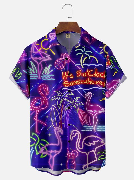 Moisture-wicking It's 5 O'Clock Somewhere Flamingo Chest Pocket Hawaiian Shirt