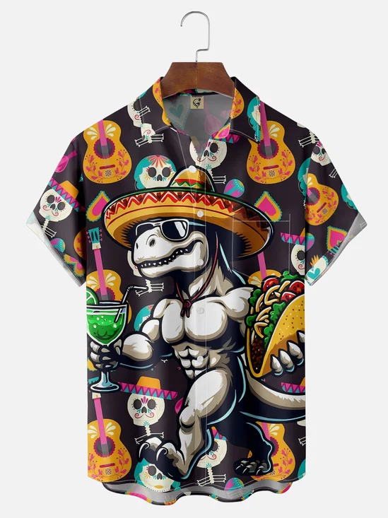 Moisture wicking Cinco de Mayo Taco Guitar Big hat dinosaur Chest pocket Hawaiian shirt