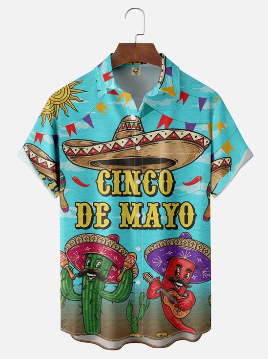 Moisture-wicking Happy Cinco de Mayo Cactus Art Red Chest Pocket Casual Shirt