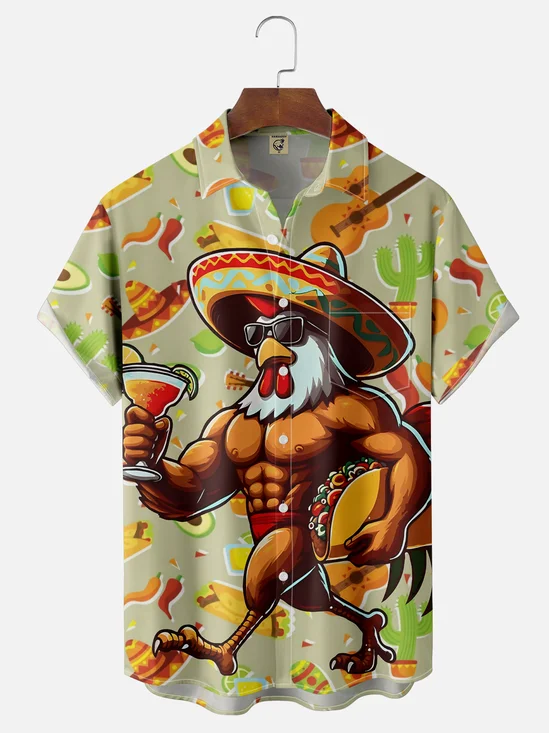 Moisture Wicking Cinco De Mayo Taco Guitar Big Hat Rooster Chest Pocket Hawaiian Shirt