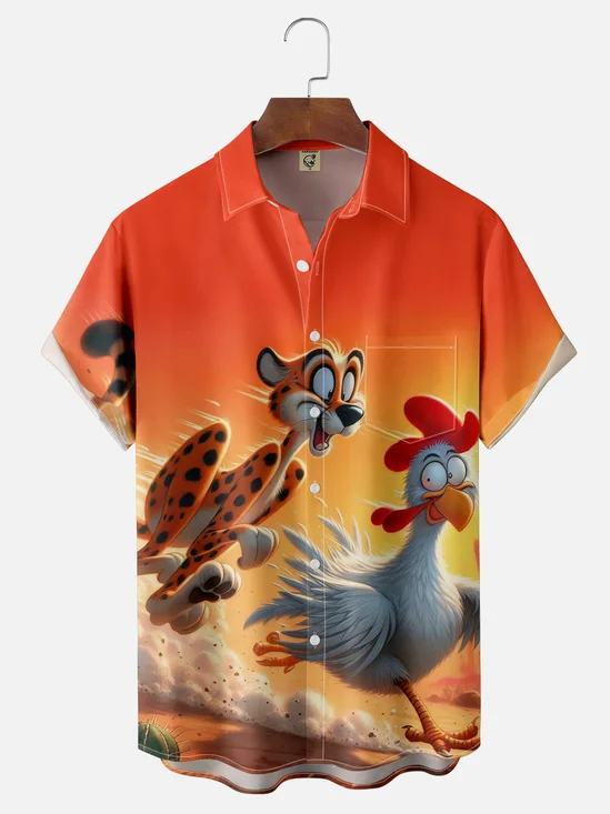 Moisture Wicking Funny Leopard Chasing Chicken Chest Pocket Hawaiian Shirt