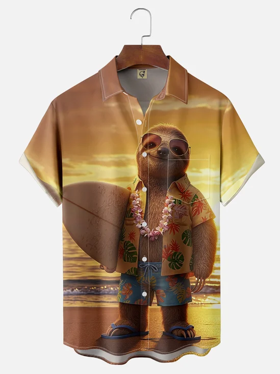 Moisture-wicking Funny Sloth Lightning Surfing Chest Pocket Hawaiian Shirt