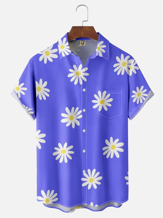 Moisture-wicking Daisy Floral Chest Pocket Hawaiian Shirt