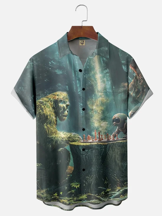 Moisture-wicking Bigfoot vs. Alien Chess Chest Pocket Hawaiian Shirt
