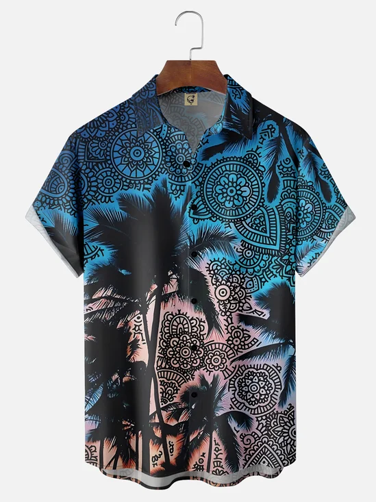Moisture Wicking Paisley Coconut Tree Chest Pocket Hawaiian Shirt