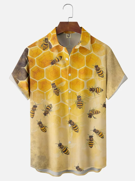 Moisture-wicking Fun Bee Hive Art Yellow Chest Pocket Hawaiian Shirt