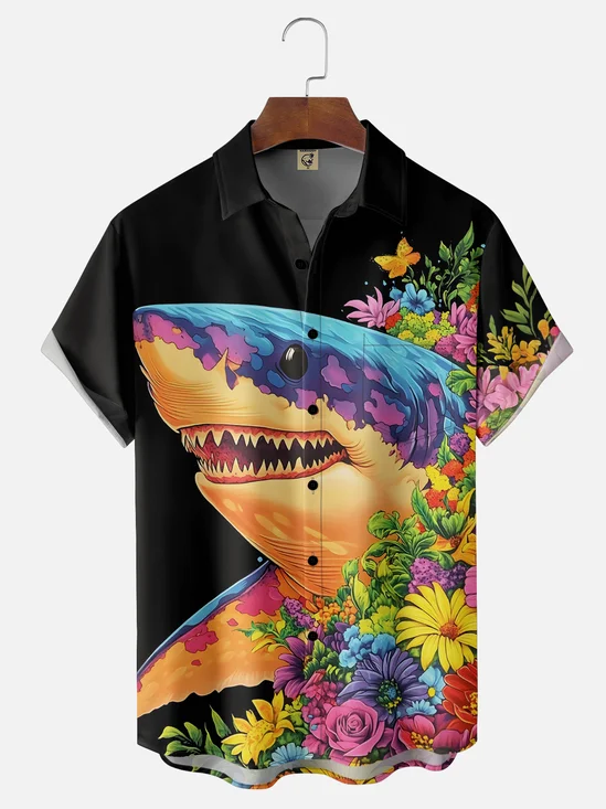 Moisture Wicking Floral Shark Chest Pocket Hawaiian Shirt