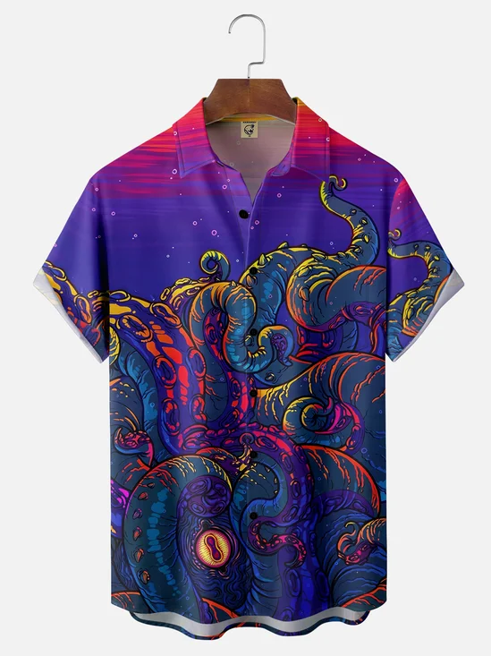 Moisture-wicking Fantasy Octopus Art Cthulhu Purple Chest Pocket Hawaiian Shirt