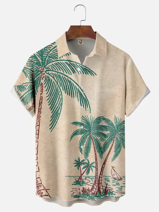 Moisture-wicking Vintage Classic Art Coconut Tree Chest Pocket Hawaiian Shirt