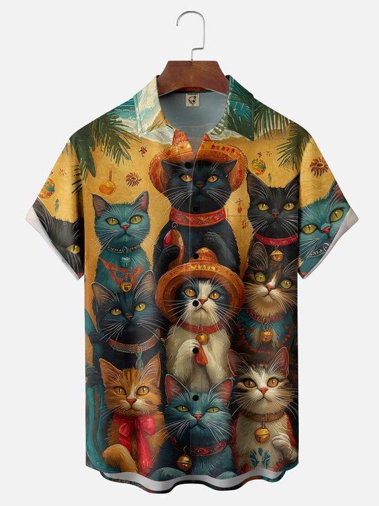 Moisture Wicking Cinco De Mayo Big Hat Cat Chest Pocket Hawaiian Shirt