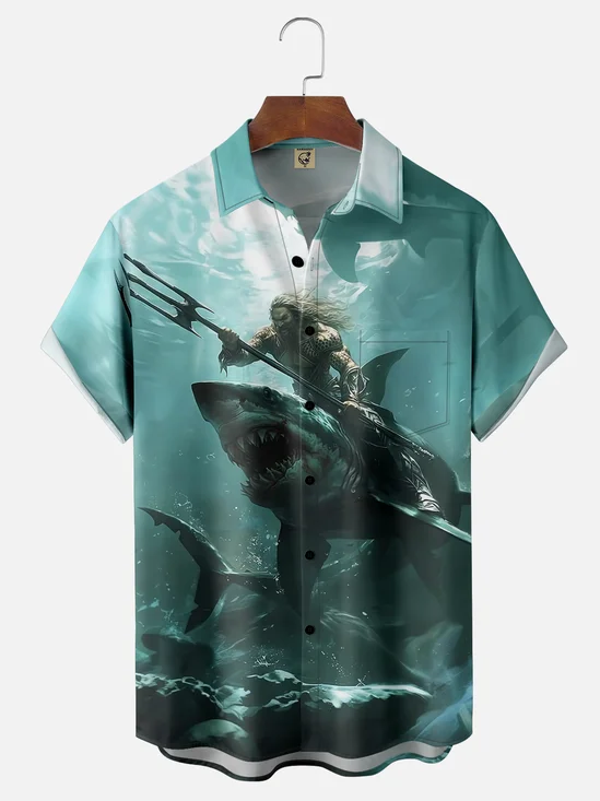 Moisture-wicking Shark Aquaman Art Painting Chest Pocket Hawaiian Shirt