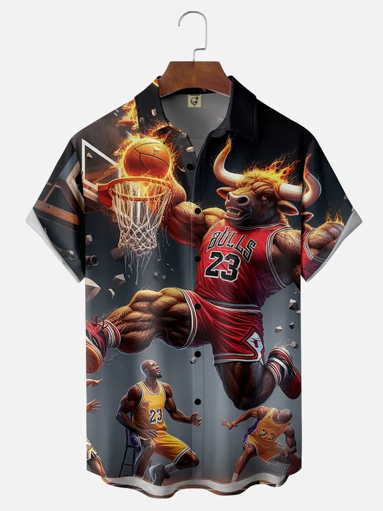 Moisture-wicking American Basketball Chicago Art Bulls Chest Pocket Casual Shirt