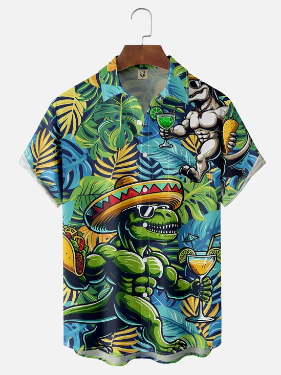 Moisture Wicking Cinco de Mayo Taco Plants Flowers Big Hat Dinosaur Chest Pocket Hawaiian Shirt