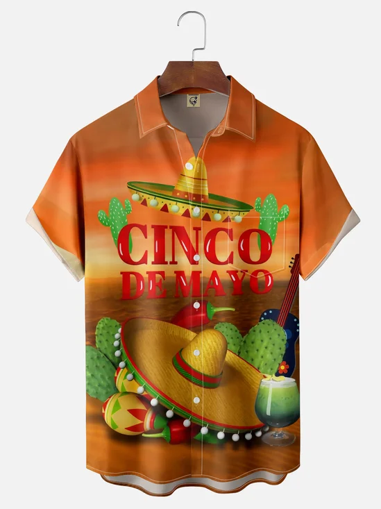 Moisture-wicking Cinco de Mayo Sombrero Cactus Chest Pocket Casual Shirt