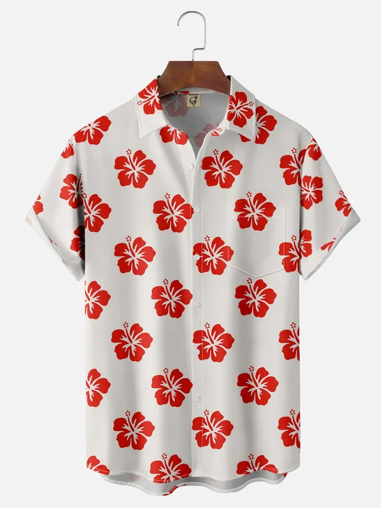 Moisture-wicking Hibiscus Flower Chest Pocket Hawaiian Shirt