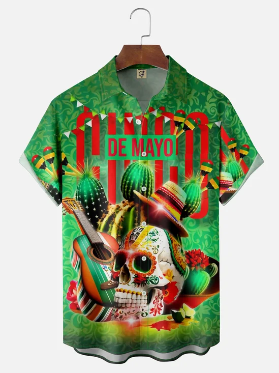 Moisture-wicking Cinco de Mayo Mexican Sombrero Music Guitar Chest Pocket Casual Shirt