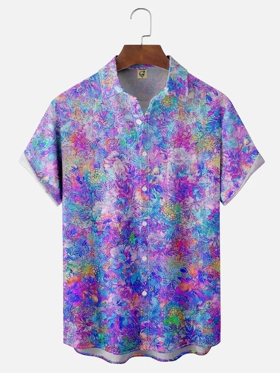 Tall Size Moisture-wicking Art Floral Chest Pocket Hawaiian Shirt