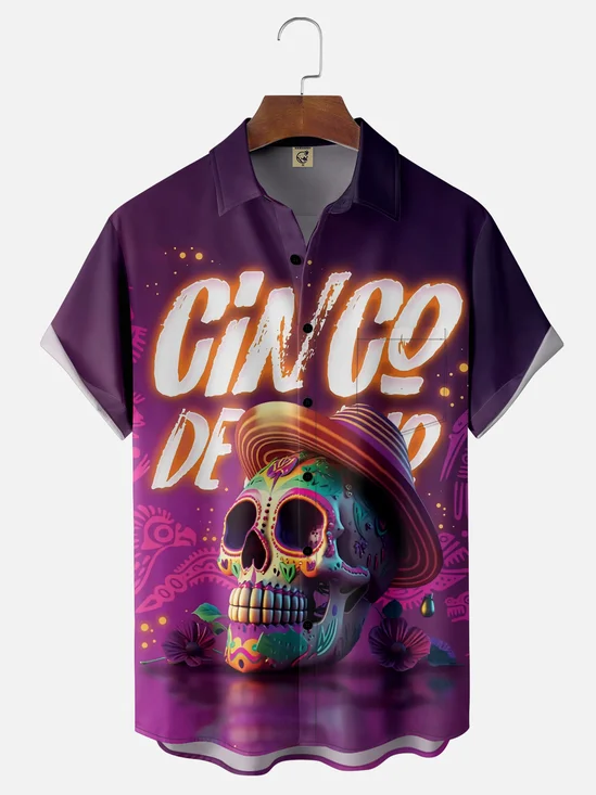 Moisture-wicking Cinco de Mayo Skull Sombrero Chest Pocket Casual Shirt