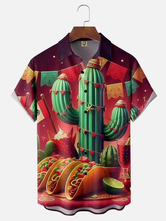 Tall Size Moisture-wicking Happy Cinco de Mayo Cactus TACO Red Chest Pocket Casual Shirt