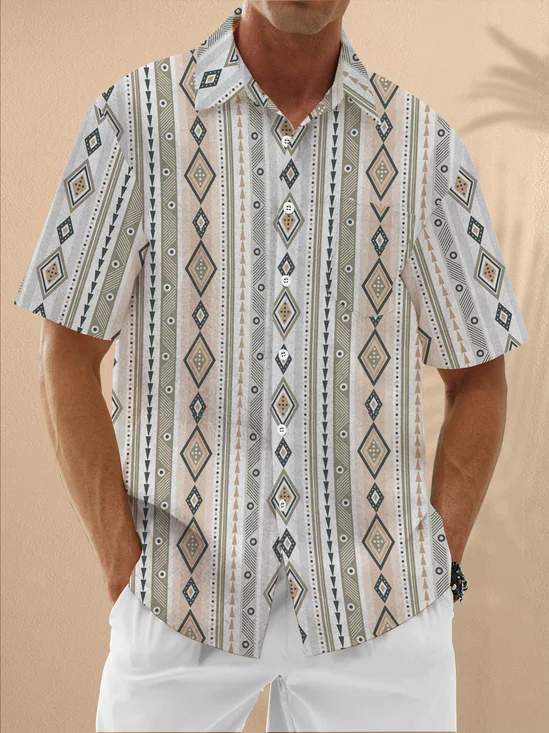 Moisture Wicking Geometric Stripes Chest Pocket Hawaiian Shirt