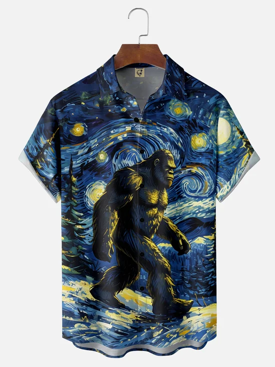 Tall Size Moisture-wicking Bigfoot Starry Sky Chest Pocket Hawaiian Shirt