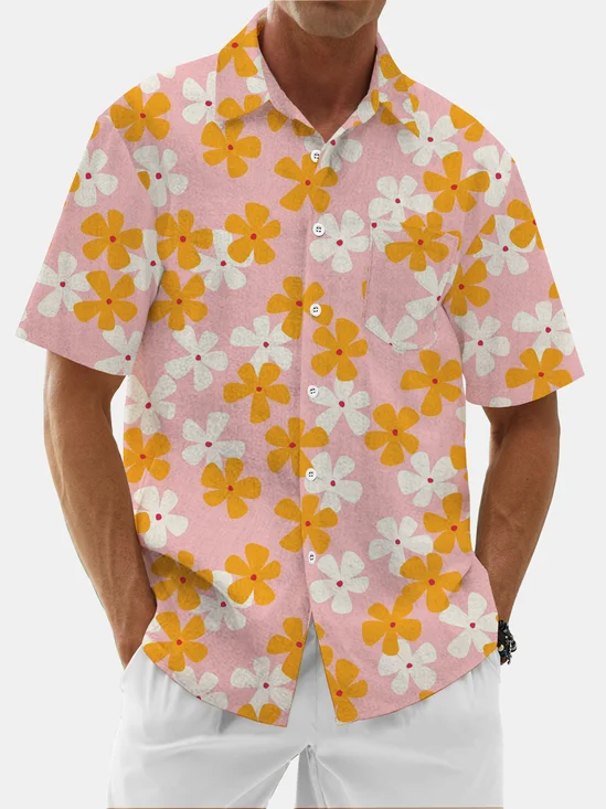 Moisture Wicking Floral Chest Pocket Hawaiian Shirt