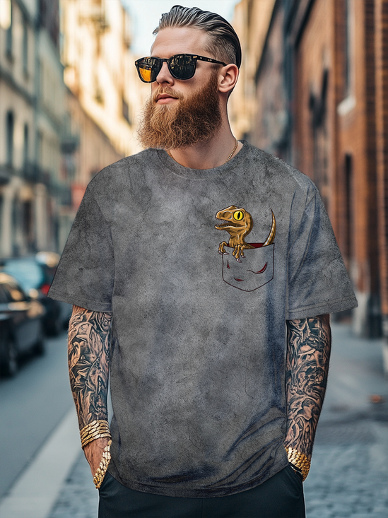 Men's Fun Art Dinosaur Pocket Print Avant-garde Multicolor Fitted T-shirts