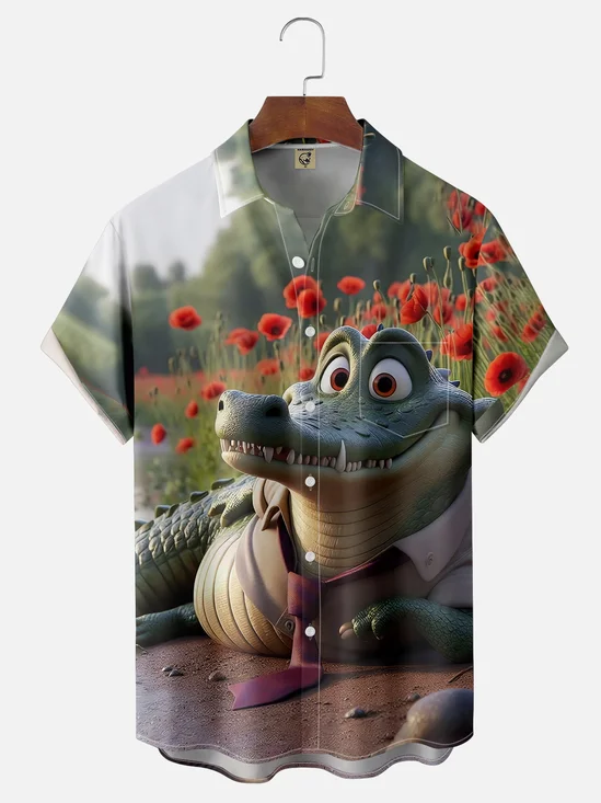 Moisture-wicking Funny Off-duty Crocodile Chest Pocket Hawaiian Shirt