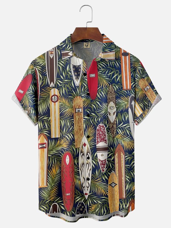 Moisture-wicking Surfboard Palm Leaves Chest Pocket Hawaiian Shirt