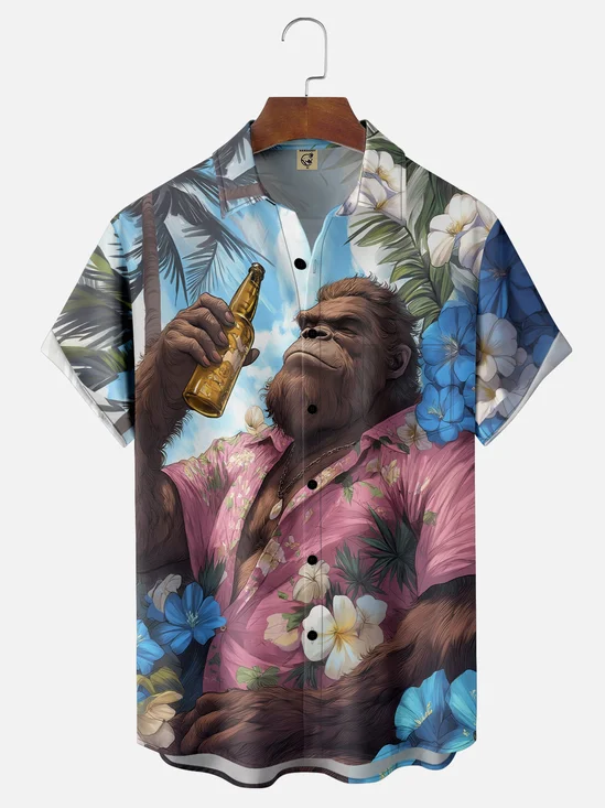 Moisture-wicking Palm Tree Bigfoot Chest Pocket Hawaiian Shirt