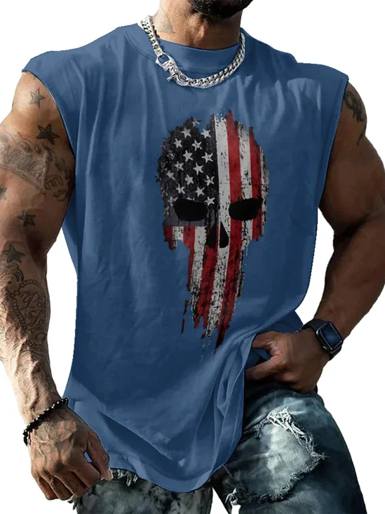 Mens Crewneck Tank Tops Skull American Flag Beach Sleeveless Shirt