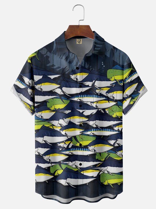 Moisture-wicking Fish Marine Life Ocean Chest Pocket Casual Shirt