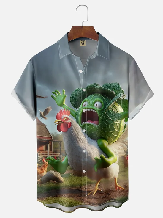 Moisture-wicking "Cabbage Knight" Chicken Funny Chest Pocket Hawaiian Shirt