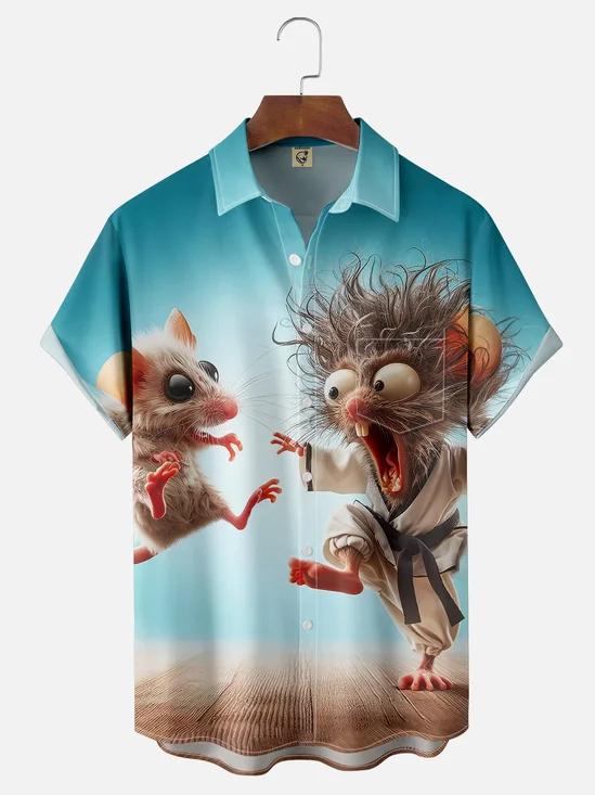 Moisture-wicking Funny Art Mouse Karate Chest Pocket Hawaiian Shirt