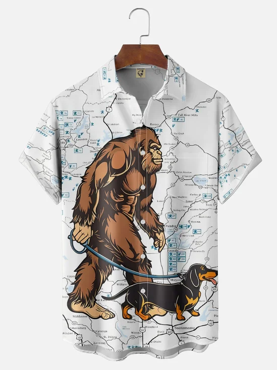 Moisture-wicking Bigfoot Dachshund Map Chest Pocket Hawaiian Shirt