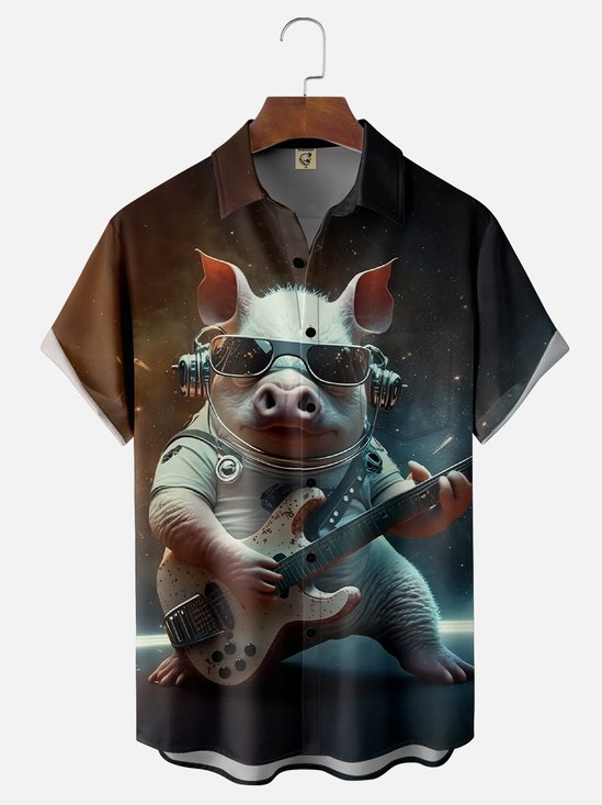 Moisture-wicking Music Festival Party Pig Bassist Chest Pocket Casual Shirt