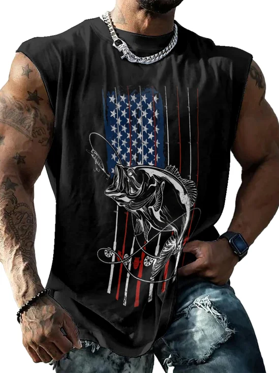 Mens Crewneck Tank Tops American Flag Fishing Beach Sleeveless Shirt