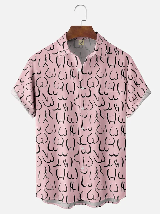 Moisture-wicking Funny "Butt" Artistic Avant-garde Pink Chest Pocket Casual Shirt