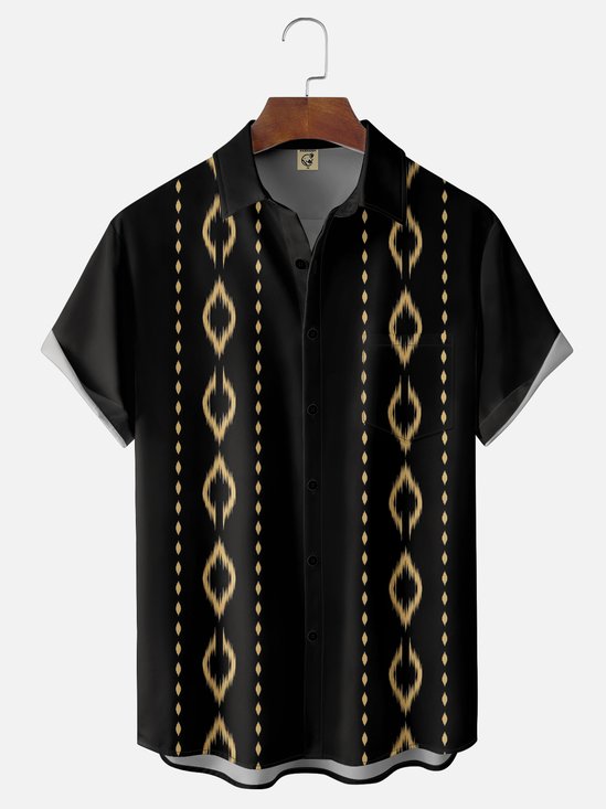 Moisture Wicking Geometric Lines Chest Pocket Bowling Shirt