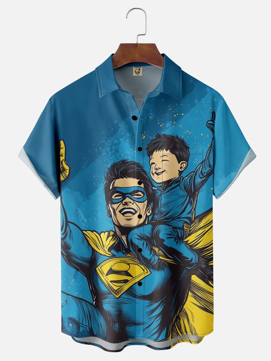 Moisture-wicking Father‘s Day Super Dad Son Chest Pocket Casual Shirt