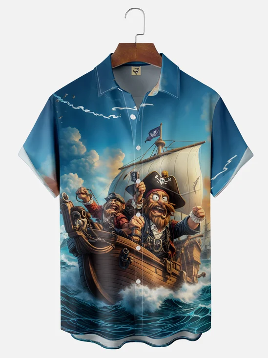Moisture-wicking Pirate Sailing Boat Chest Pocket Hawaiian Shirt