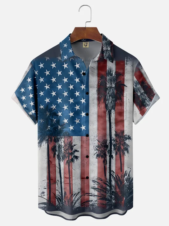 Moisture Wicking USA Flag Coconut Tree Chest Pocket Hawaiian Shirt