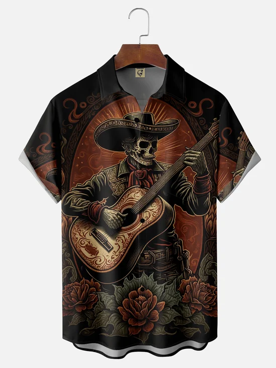Moisture-wicking Cinco de Mayo Skeleton Guitar Music Chest Pocket Casual Shirt